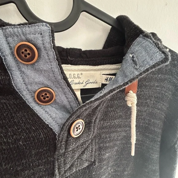 H&M L.O.G.G. dark Grey Hooded Cotton 3/4” Button Up Sweater Hoodie Small - Picture 11 of 11